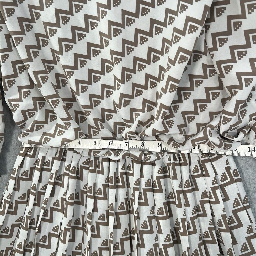 Vintage VLP Dress 80s Geometric Blouson tan cream w Pleated Skirt Size 10P - Picture 9 of 16